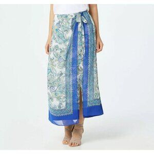 Susan Graver Womens Maxi Wrap Skirt Size S  Blue Paisley Boho Overlay Chiffon